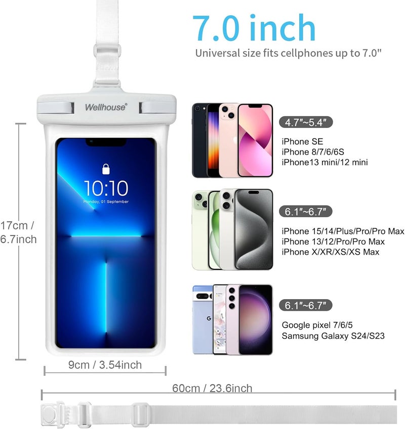 Wellhouse Waterproof Phone Pouch, Waterproof Phone Case for iPhone 16 15 14 13 12 Pro Max XS Samsung, IPX8 3D Cellphone Dry Bag Beach Essentials (1 Pack - White7.0, 7 inch) - Image 5